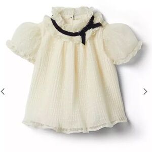 Janie and Jack Cream Puff Sleeve Swiss Dot Top with Black Ribbon